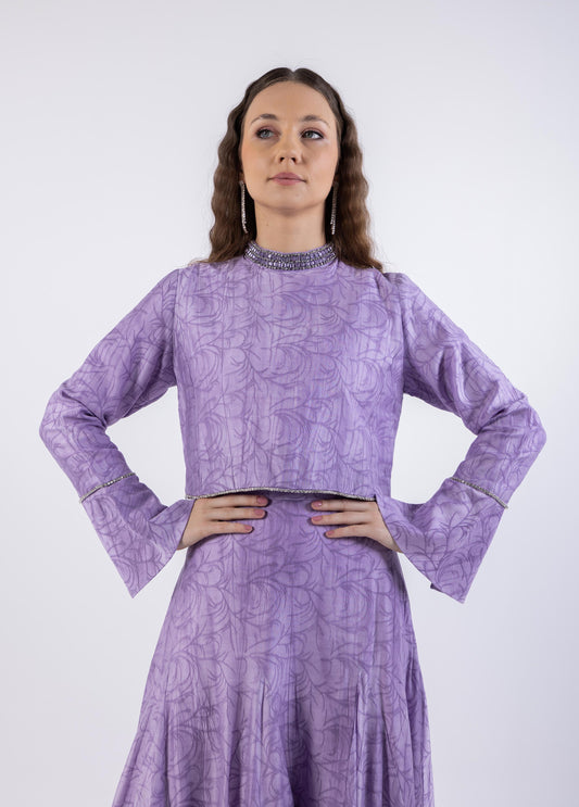 Cropped Crystal-Trimmed Top with Subtle Pattern