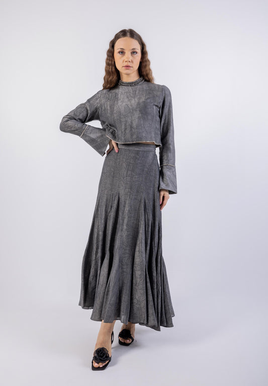 Cropped Crystal-Trimmed Top with Subtle Pattern