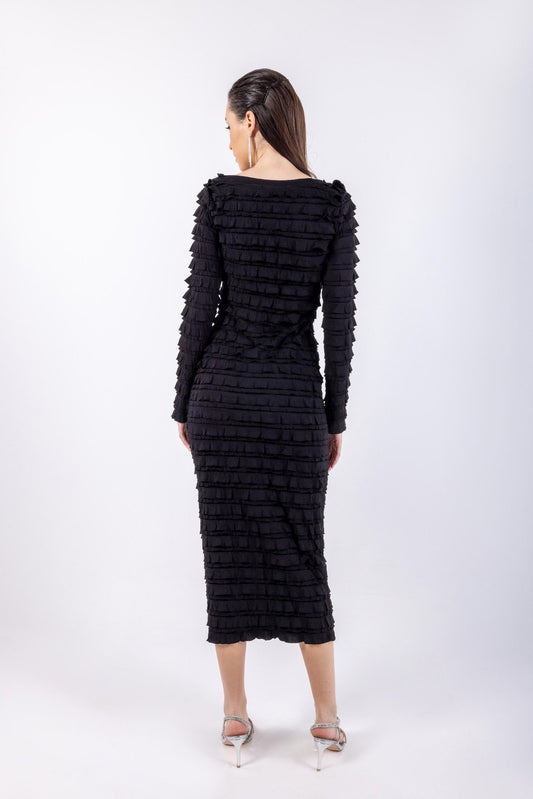 Ruffles All Over Solid Midi Dress\ ناتسف يديم نولب دحوم عم تاقبط نم ليتنادلا