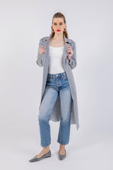 معطف سادة متوسط الطول بفتحة رقبة مسننة