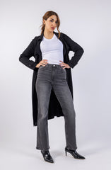 معطف سادة متوسط الطول بفتحة رقبة مسننة