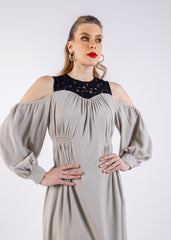 Elegant Cold-Shoulder Midi Dress with Lace Detailing