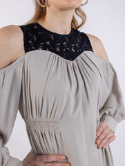Elegant Cold-Shoulder Midi Dress with Lace Detailing