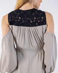 Elegant Cold-Shoulder Midi Dress with Lace Detailing