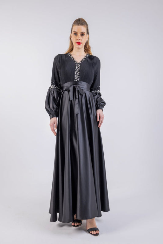 Elegant Pleated Maxi Dress with Embellished Details