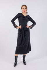 Solid Drapped Midi Dress with Lace Cuff Detail