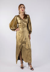 Gold Evening Dress with Puff Sleeves and Wrap Design