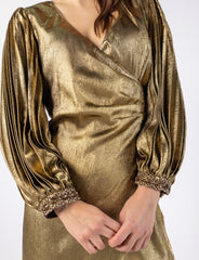 Gold Evening Dress with Puff Sleeves and Wrap Design