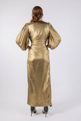 Gold Evening Dress with Puff Sleeves and Wrap Design