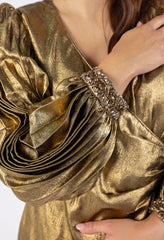 Gold Evening Dress with Puff Sleeves and Wrap Design
