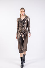 Metallic Ruched Midi Dress with Embellished Shoulders
