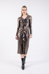 Metallic Ruched Midi Dress with Embellished Shoulders