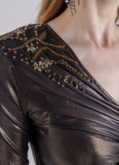 Metallic Ruched Midi Dress with Embellished Shoulders
