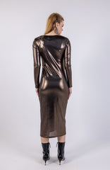 Metallic Ruched Midi Dress with Embellished Shoulders