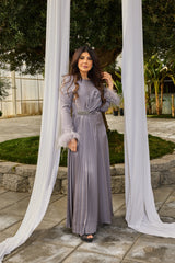 Pleated Waist Maxi Dress with Feather-Trimmed Cuffs - Montania Shop