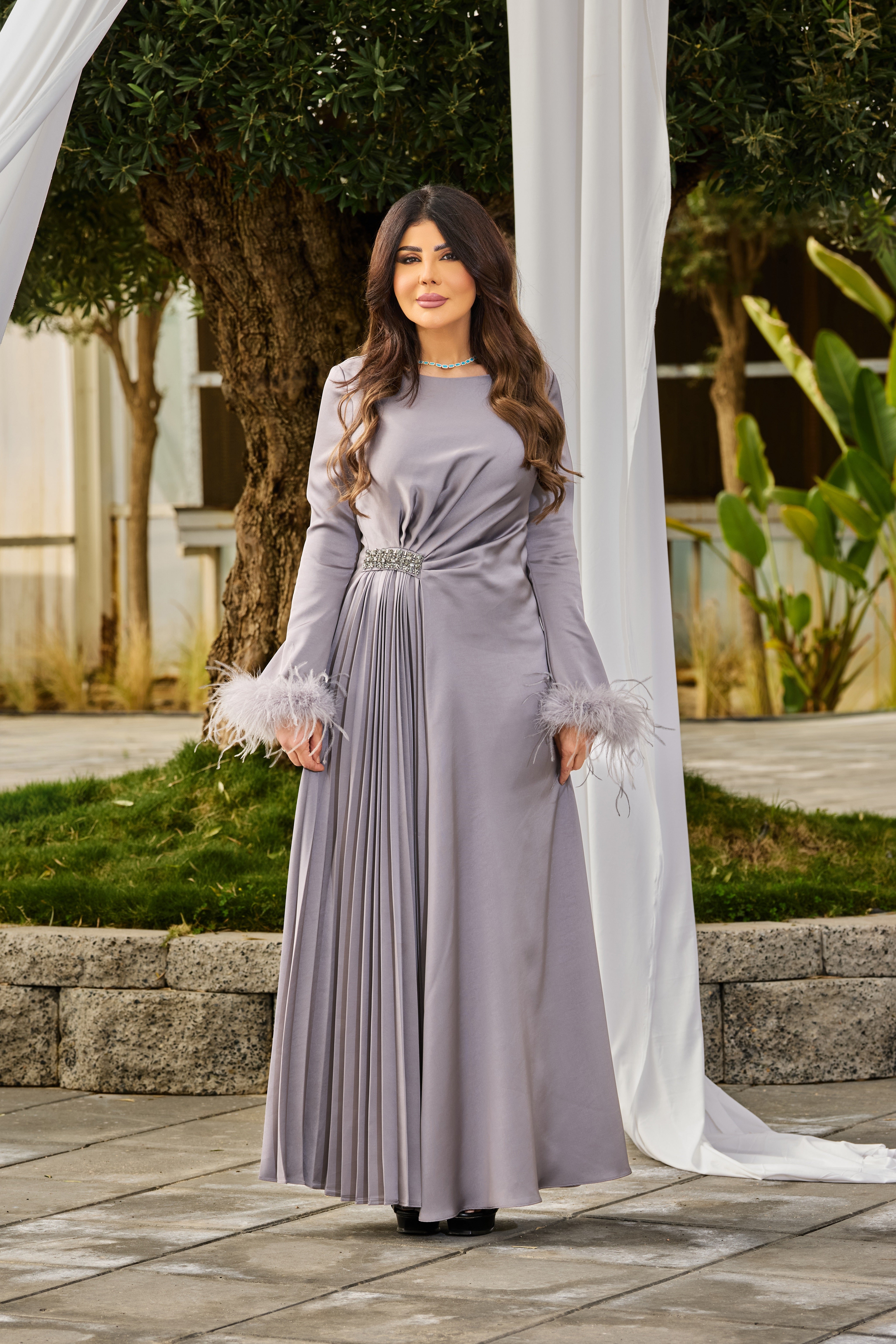 Pleated Waist Maxi Dress with Feather-Trimmed Cuffs - Montania Shop