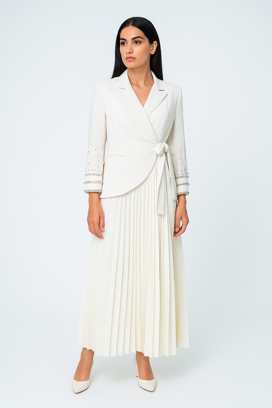 Pleated Maxi Dress with Embellished Blazer-Style Jacket