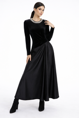 Two-Fabric Maxi Dress with Velvet Bodice, Pleated Waist Detail and Embellished Neckline