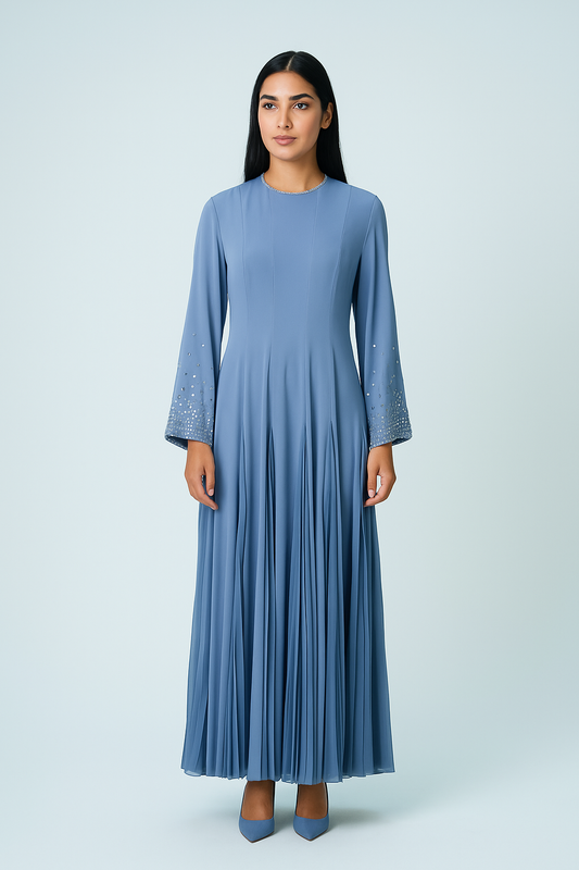 Elegant Maxi Dress with Crystal-Embellished Sleeves