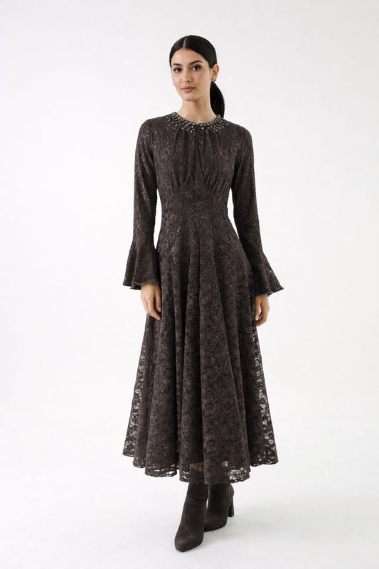 Embellished Lace Maxi Dress with Bell Cuffs