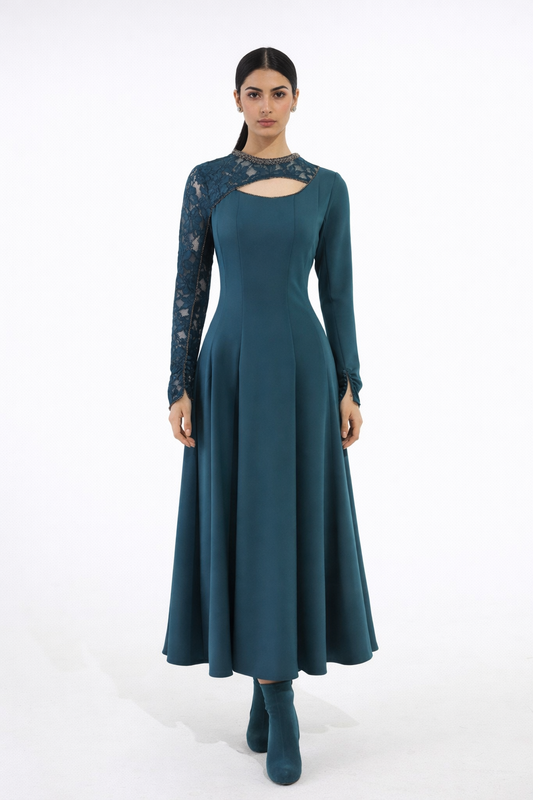 Embellished Lace-Sleeve Maxi Dress