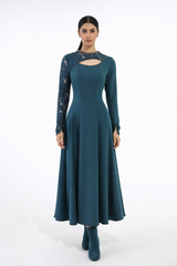 Embellished Lace-Sleeve Maxi Dress