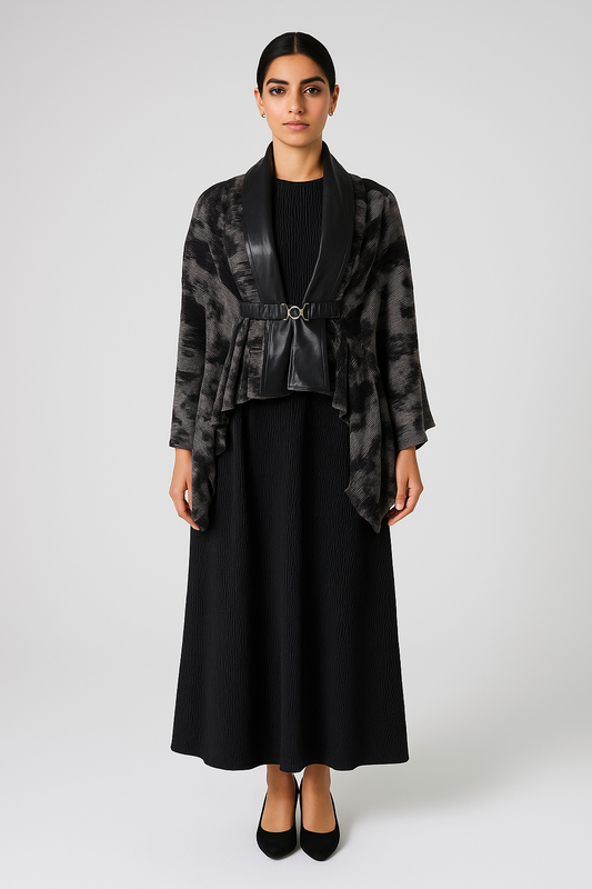 Printed Kimono Jacket with Faux Leather Lapel