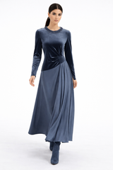 Two-Fabric Maxi Dress with Velvet Bodice, Pleated Waist Detail and Embellished Neckline