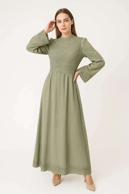 Maxi Dress with Intricate Lace Bodice, Cuff & Hem Detailing