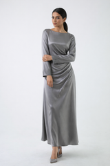 Draped Satin Maxi Dress with Handcrafted Embellished Cuffs