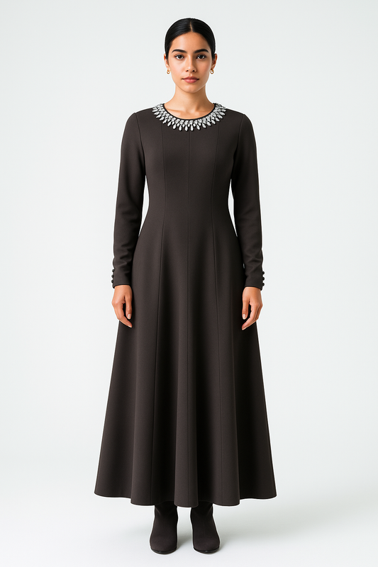Elegant Embellished-Neckline Maxi Dress