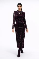 Velvet Maxi Dress with Lace Sleeve and Embellished Details