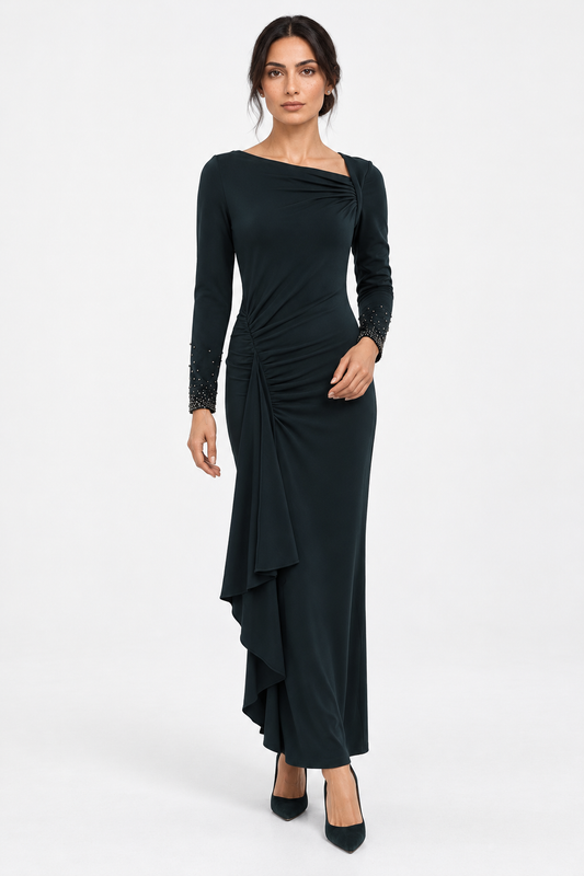 Embellished Cuff Asymmetric Neckline Ruched Maxi Dress
