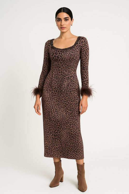 Leopard Print Midi Dress with Feather Cuff Detail