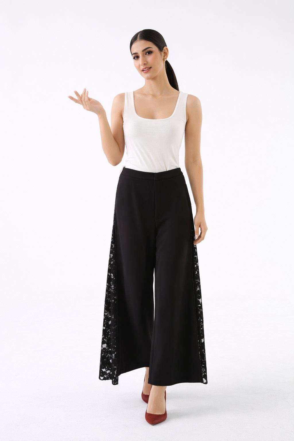 The Elara Lace-Panel Wide-Leg Pants - Montania Shop