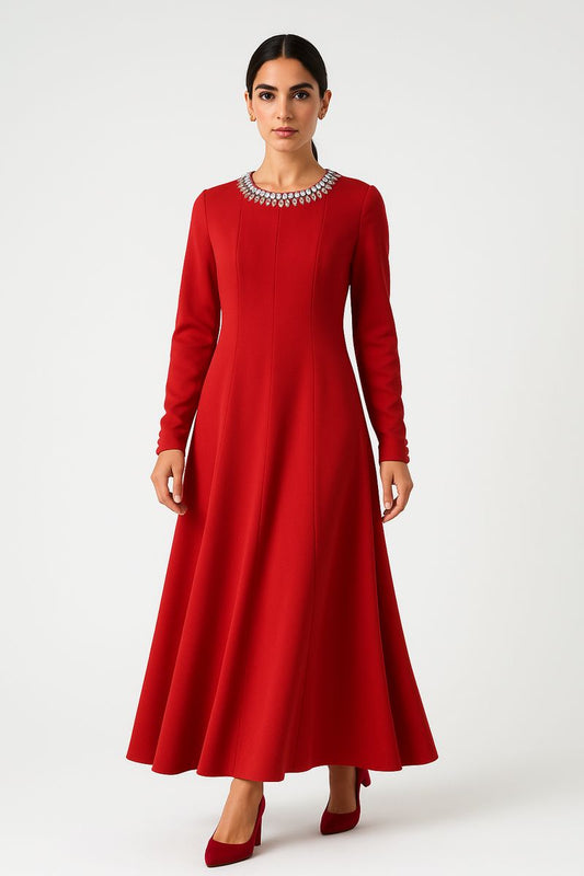Elegant Embellished-Neckline Maxi Dress