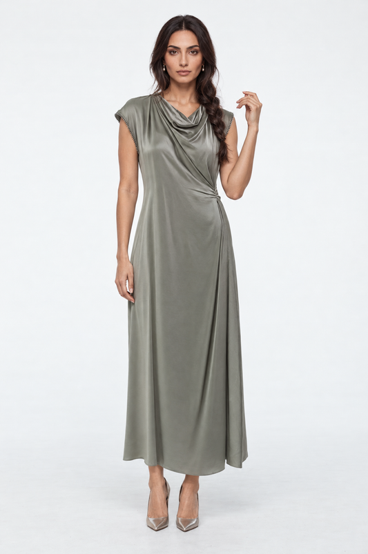 Asymmetric Draped Cowl Neck Maxi Dress