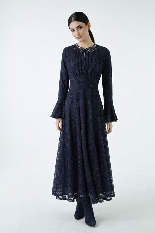 Embellished Lace Maxi Dress with Bell Cuffs