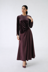 Two-Fabric Maxi Dress with Velvet Bodice, Pleated Waist Detail and Embellished Neckline