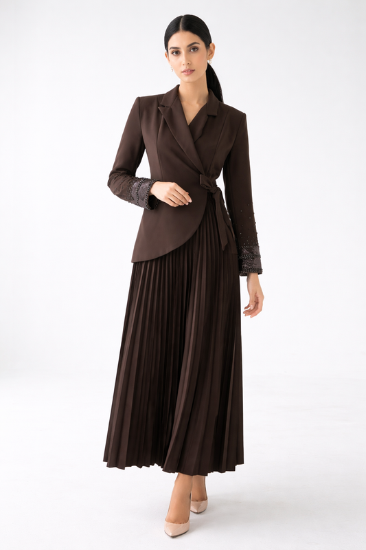 Pleated Maxi Dress with Embellished Blazer-Style Jacket