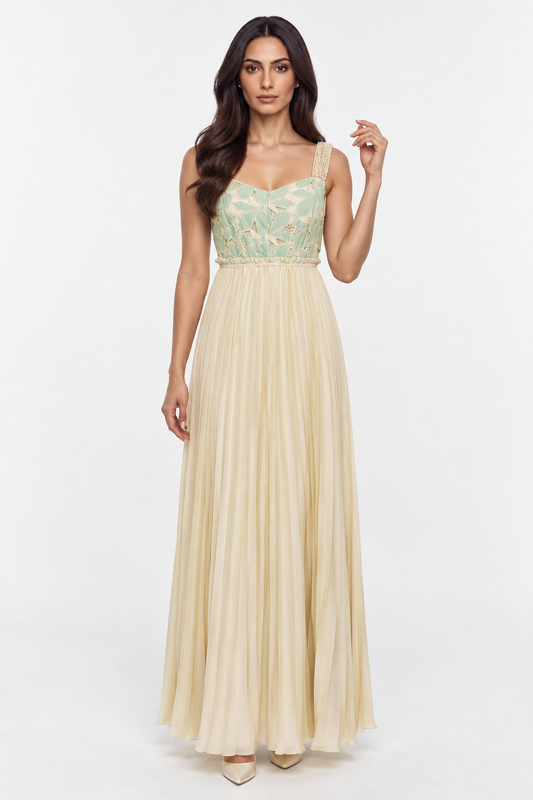 Floral Lace Bodice Pleated Maxi Dress