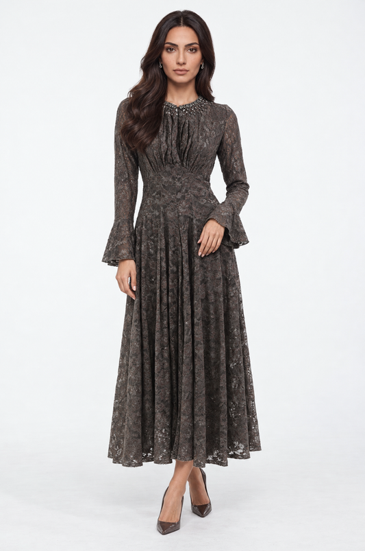 Crystal-Embellished Neckline Floral Lace Fit & Flare Maxi Dress