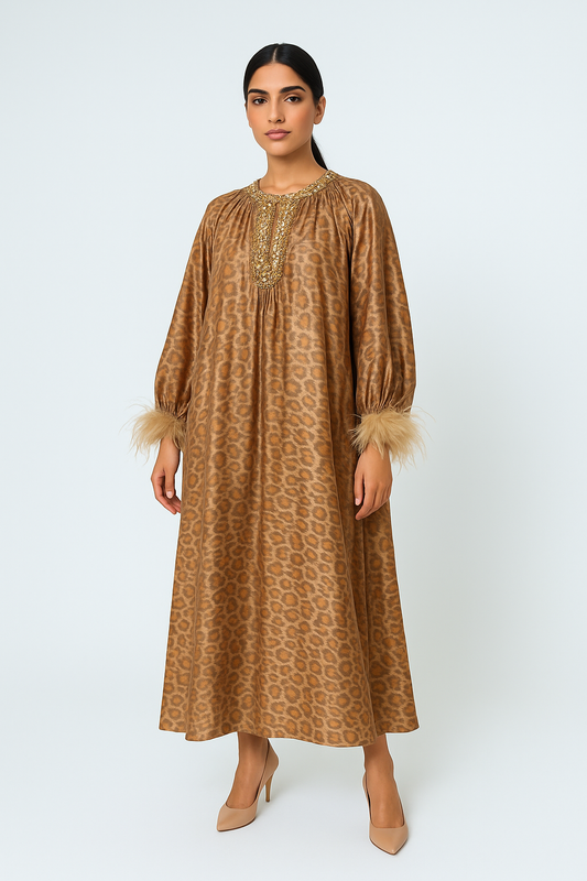 Animal Print Maxi Dress with Embellished Neckline & Feather Cuff Detail
