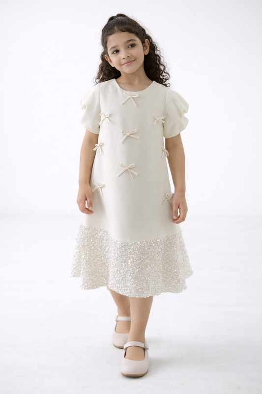 Girls Bow Detail Dress with Sequin Hem