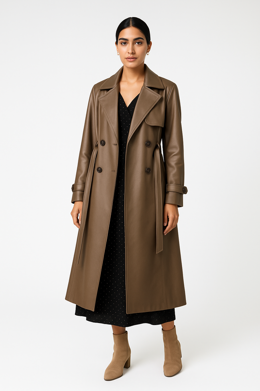 Tailored Faux Leather Trench Coat with Belted Waist - Montania Shop