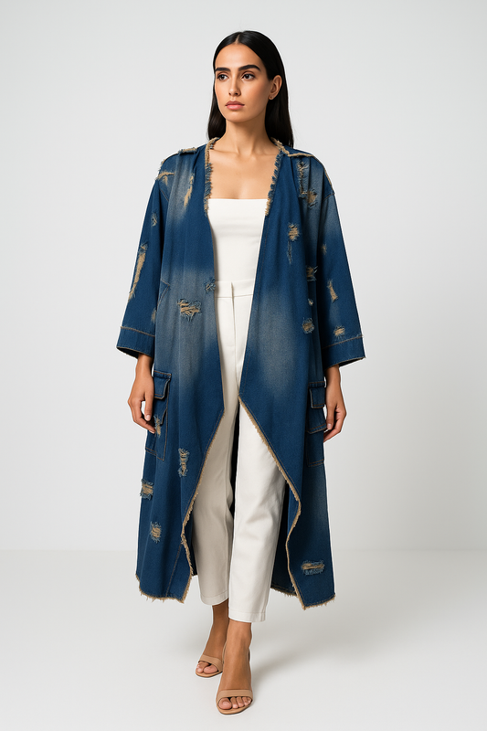 Distressed Denim Longline Coat with Raw-Edge Detailing