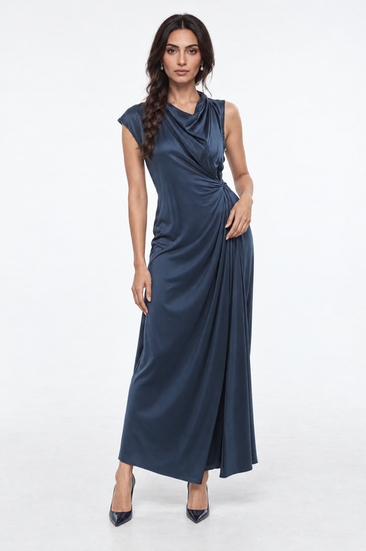 Asymmetric Draped Cowl Neck Maxi Dress