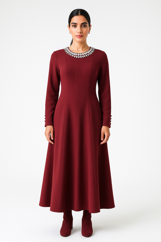 Elegant Embellished-Neckline Maxi Dress