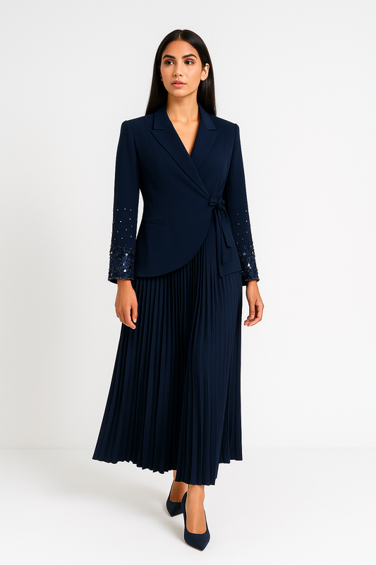 Pleated Maxi Dress with Embellished Blazer-Style Jacket