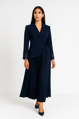 Pleated Maxi Dress with Embellished Blazer-Style Jacket